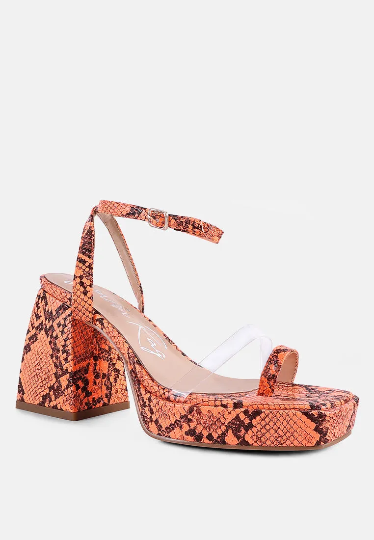 such flirt snake print triangular block heel sandals