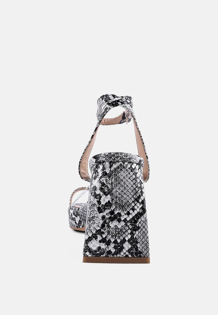 such flirt snake print triangular block heel sandals