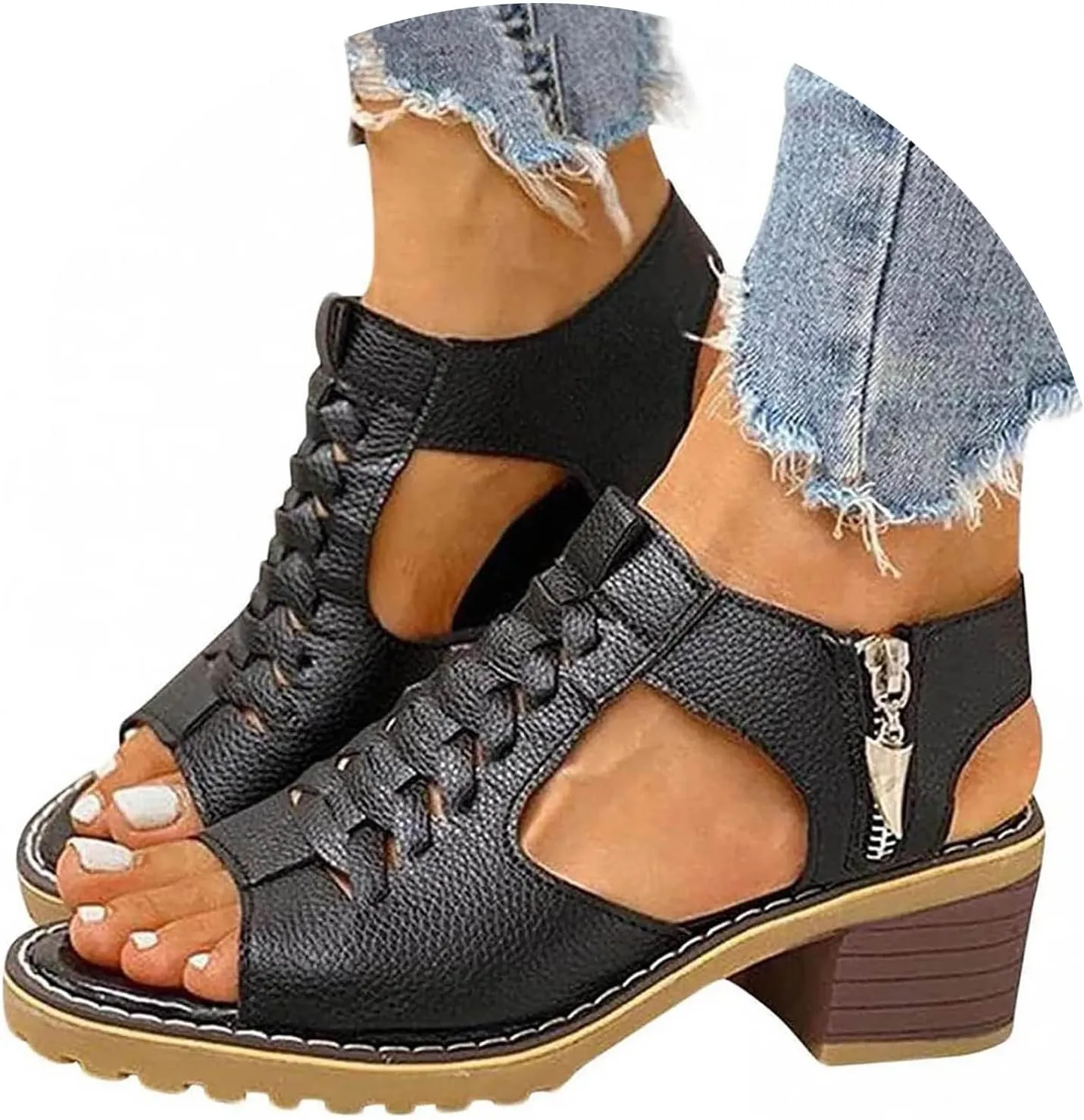 Summer Sandals for Women 2024 Womens Sandals 2024 Dressy Trendy Leather Open Toe Low Heel Sandals Shoes with Zipper