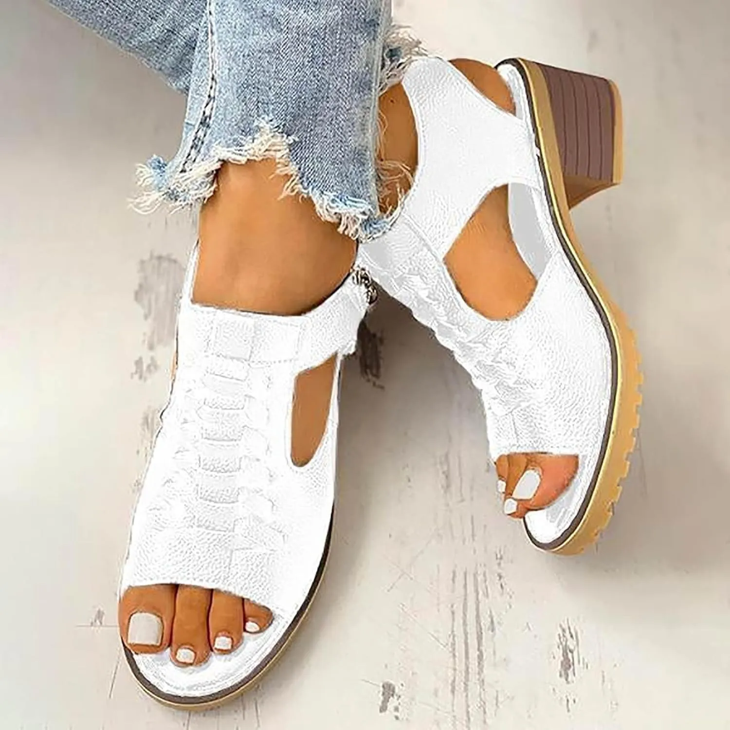 Summer Sandals for Women 2024 Womens Sandals 2024 Dressy Trendy Leather Open Toe Low Heel Sandals Shoes with Zipper