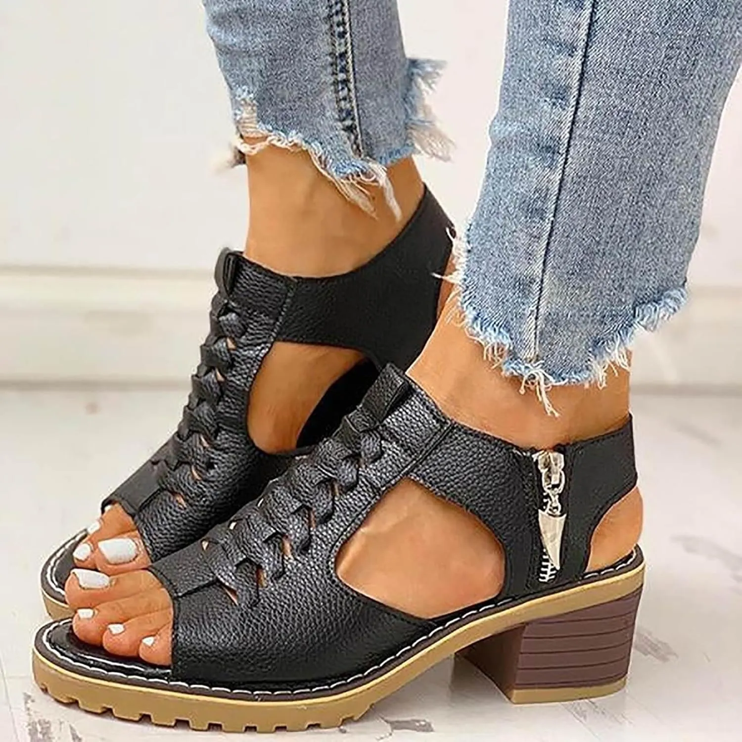 Summer Sandals for Women 2024 Womens Sandals 2024 Dressy Trendy Leather Open Toe Low Heel Sandals Shoes with Zipper