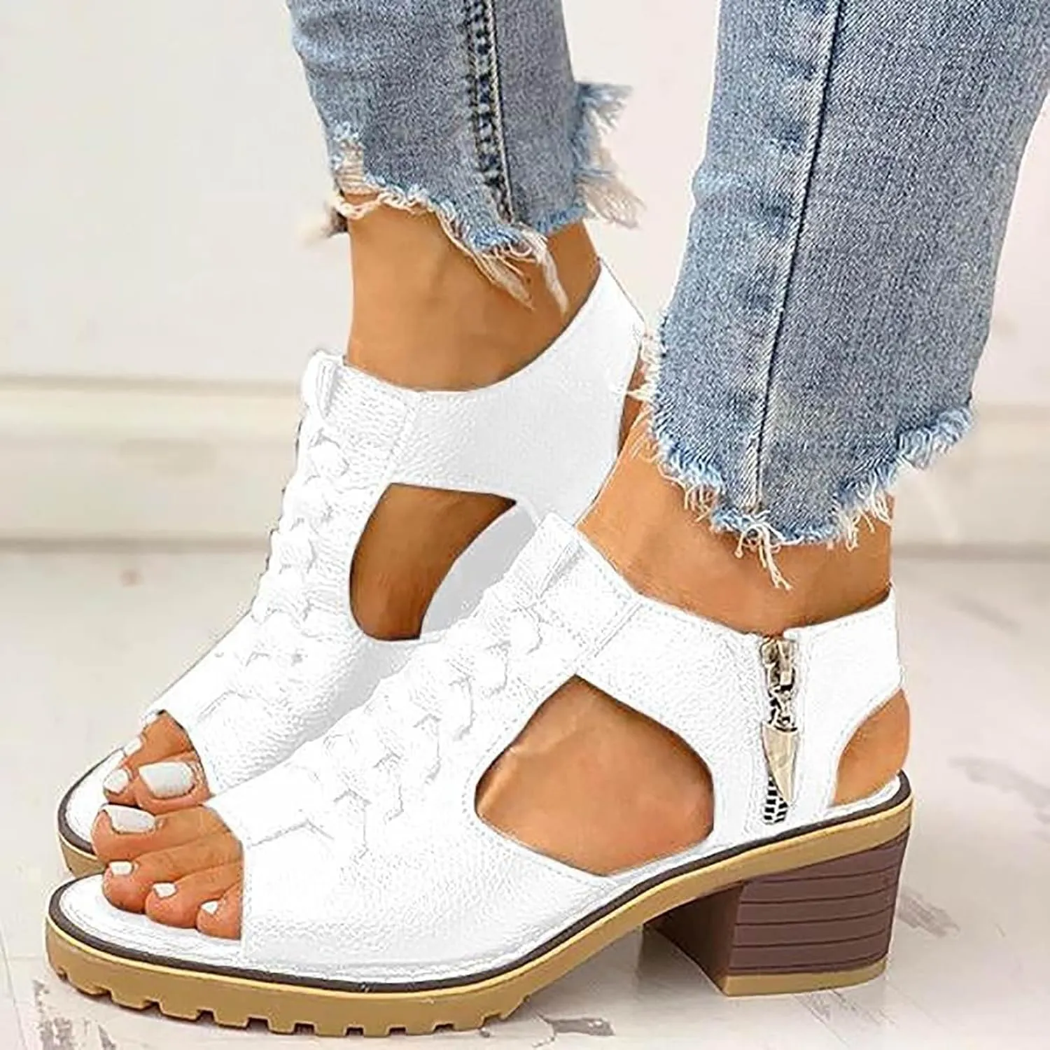 Summer Sandals for Women 2024 Womens Sandals 2024 Dressy Trendy Leather Open Toe Low Heel Sandals Shoes with Zipper