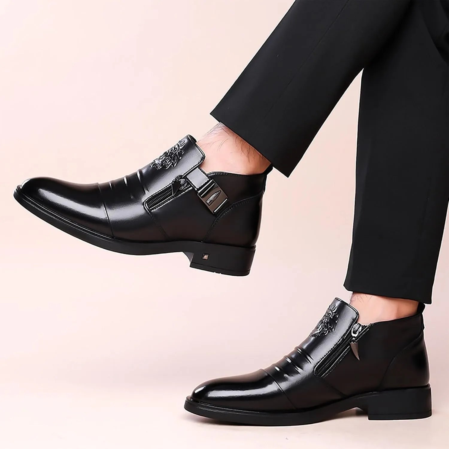 Winter New Men's Trendy Versatile Mid-Calf Warm Leather Booties Business Casual Cotton Shoes - Lightweight Flexible Fit Durable Rubber Sole