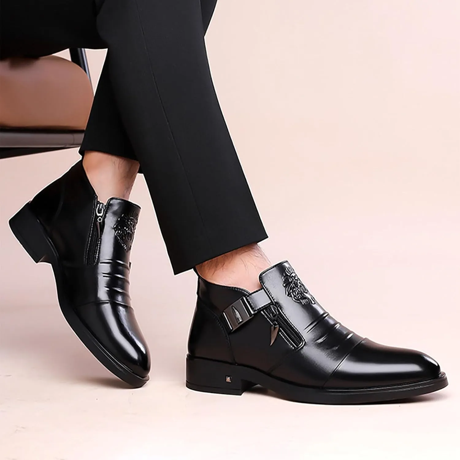 Winter New Men's Trendy Versatile Mid-Calf Warm Leather Booties Business Casual Cotton Shoes - Lightweight Flexible Fit Durable Rubber Sole