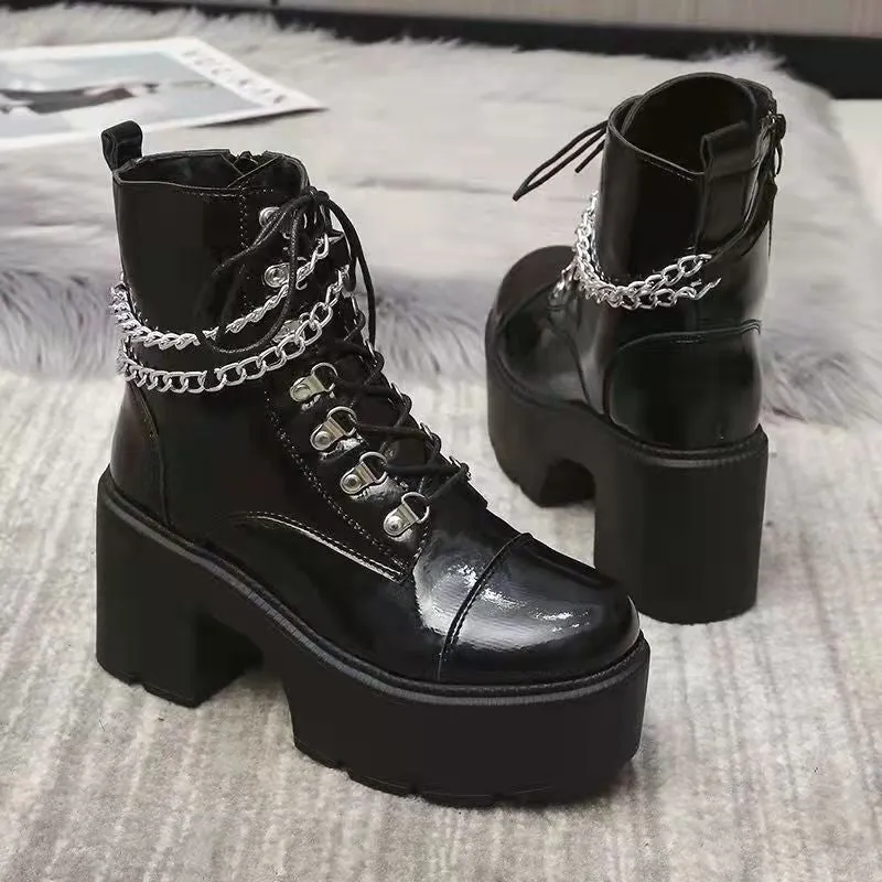 Women' black metal chains steampunk lace-up booties block heel gothic boots