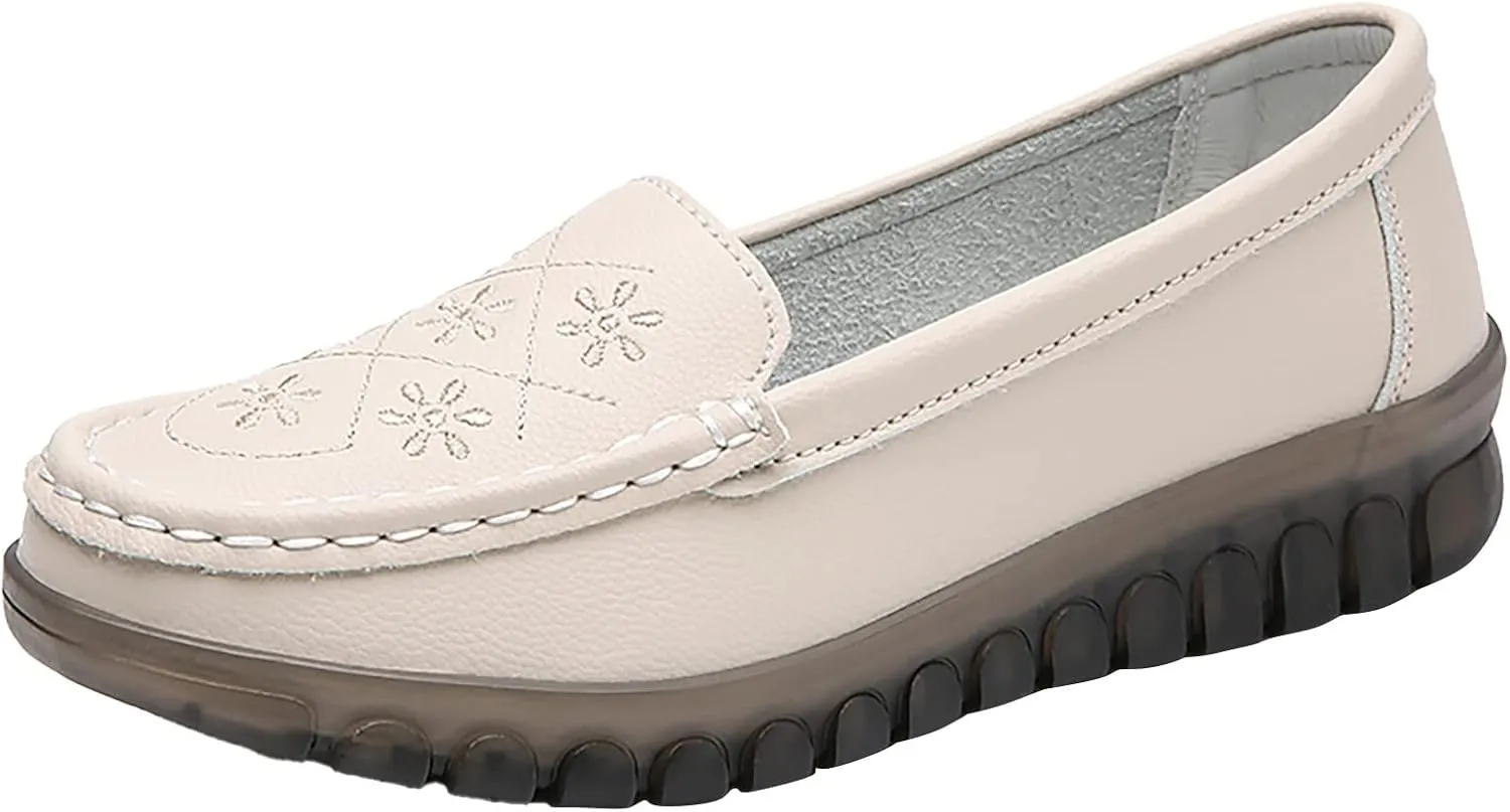 Women Comfort Walking Flat Loafer Slip On Leather Loafer Comfortable Flat Shoes Business Casual Shoes for Women Heels (White, 7.5)