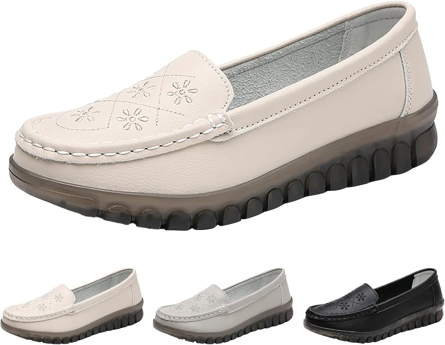 Women Comfort Walking Flat Loafer Slip On Leather Loafer Comfortable Flat Shoes Business Casual Shoes for Women Heels (White, 7.5)