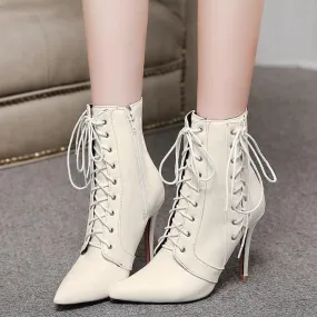 Women criss cross lace up pointed toe stiletto heeled booties