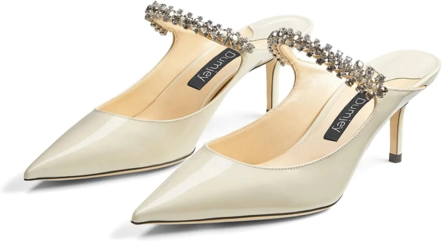 Women Heel Mules Pointy Toe Stiletto Mid Heels Crystals Pumps Slip On Bridal Rhinestones Sandals Wedding Party Dress Shoes