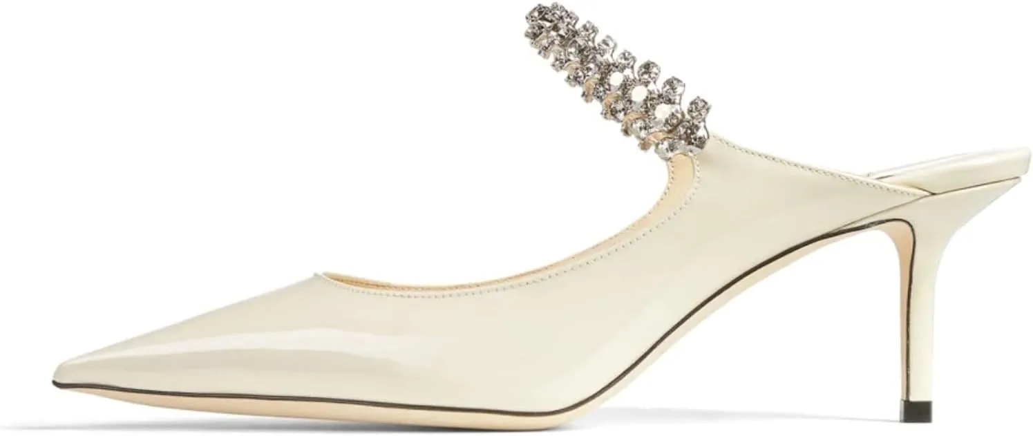 Women Heel Mules Pointy Toe Stiletto Mid Heels Crystals Pumps Slip On Bridal Rhinestones Sandals Wedding Party Dress Shoes