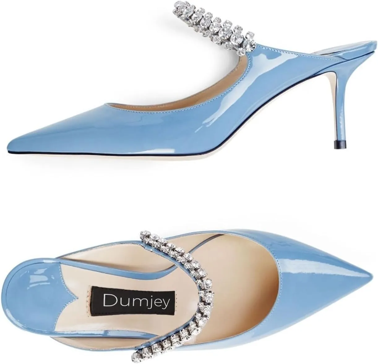 Women Heel Mules Pointy Toe Stiletto Mid Heels Crystals Pumps Slip On Bridal Rhinestones Sandals Wedding Party Dress Shoes