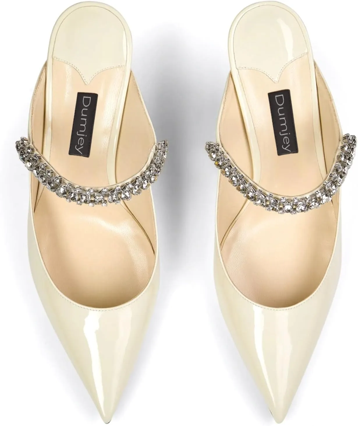 Women Heel Mules Pointy Toe Stiletto Mid Heels Crystals Pumps Slip On Bridal Rhinestones Sandals Wedding Party Dress Shoes