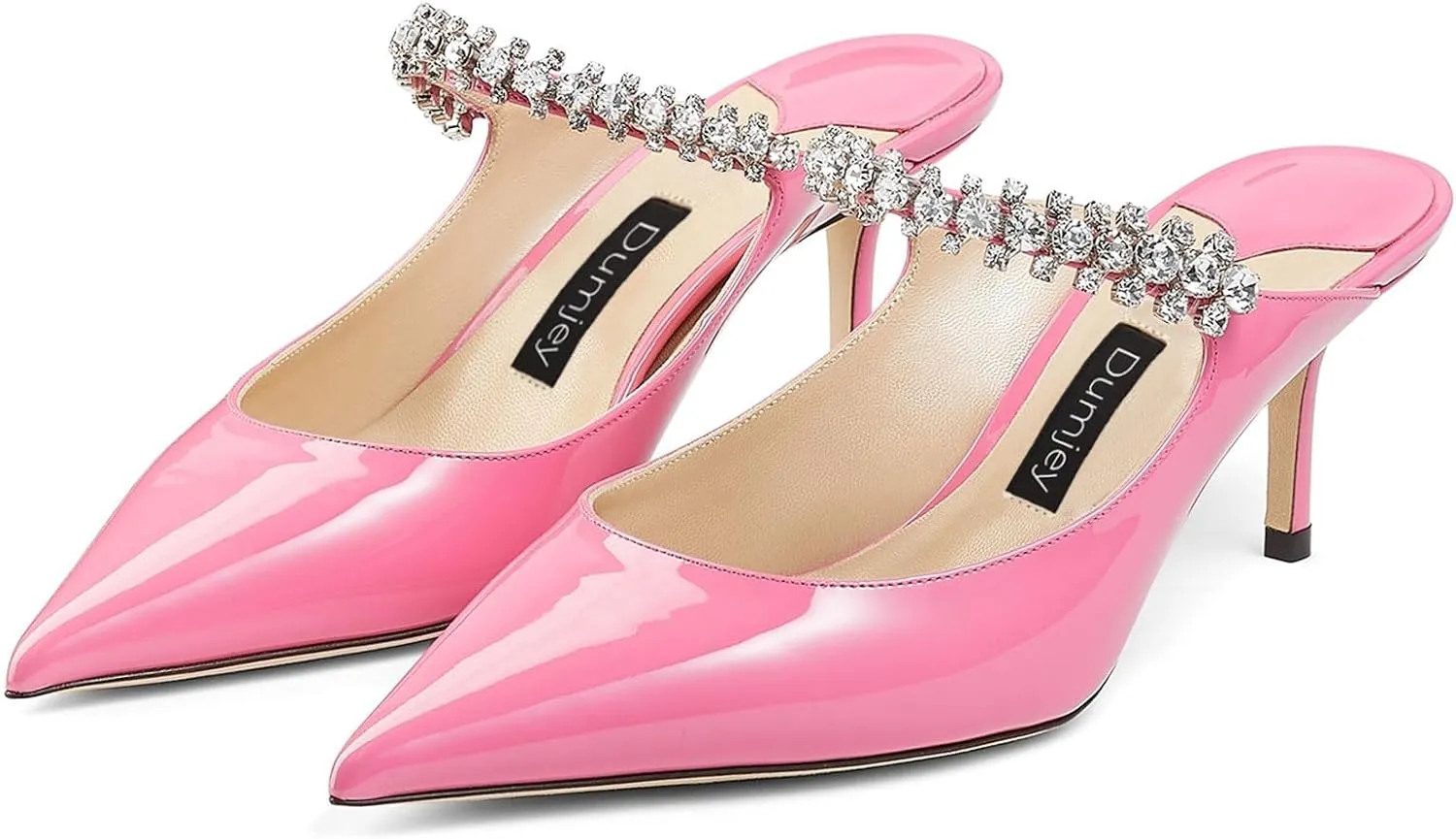 Women Heel Mules Pointy Toe Stiletto Mid Heels Crystals Pumps Slip On Bridal Rhinestones Sandals Wedding Party Dress Shoes