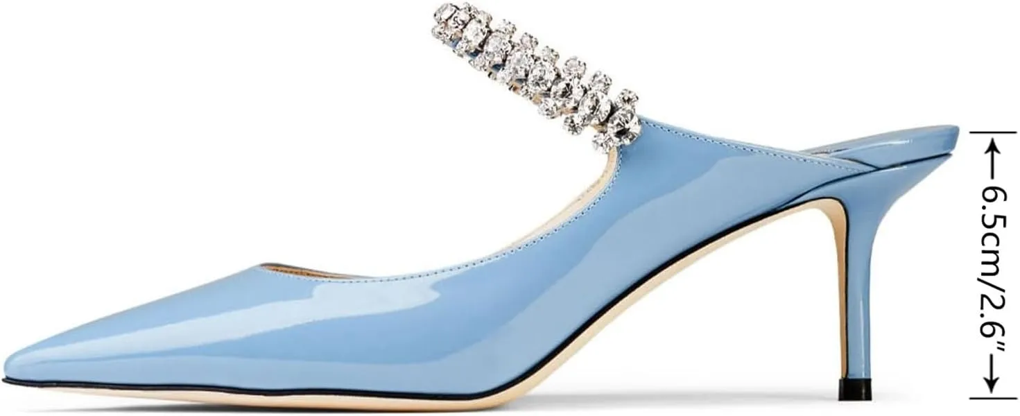 Women Heel Mules Pointy Toe Stiletto Mid Heels Crystals Pumps Slip On Bridal Rhinestones Sandals Wedding Party Dress Shoes