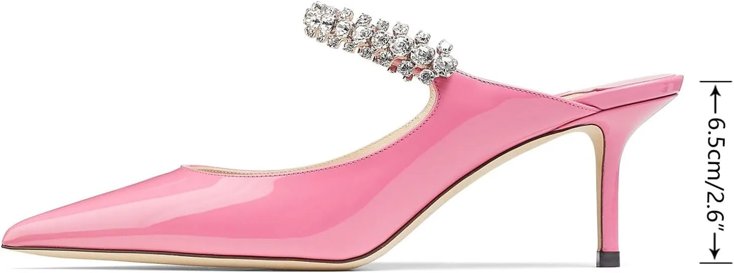 Women Heel Mules Pointy Toe Stiletto Mid Heels Crystals Pumps Slip On Bridal Rhinestones Sandals Wedding Party Dress Shoes