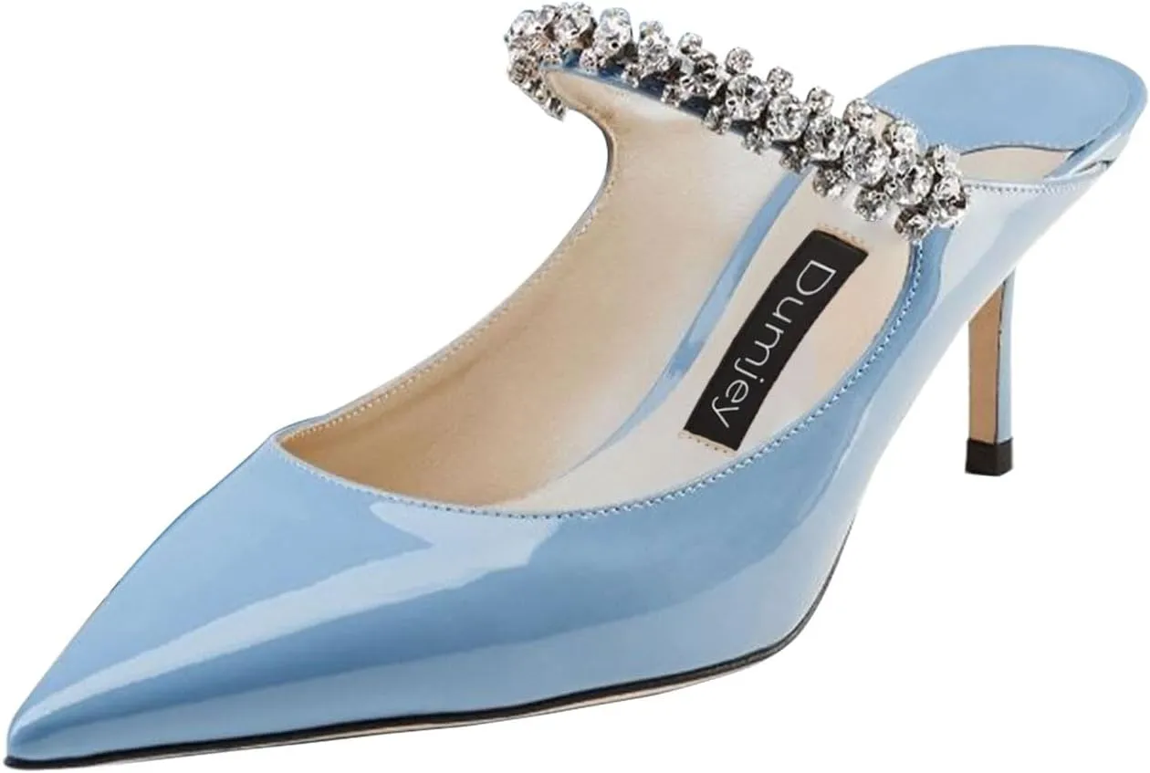 Women Heel Mules Pointy Toe Stiletto Mid Heels Crystals Pumps Slip On Bridal Rhinestones Sandals Wedding Party Dress Shoes