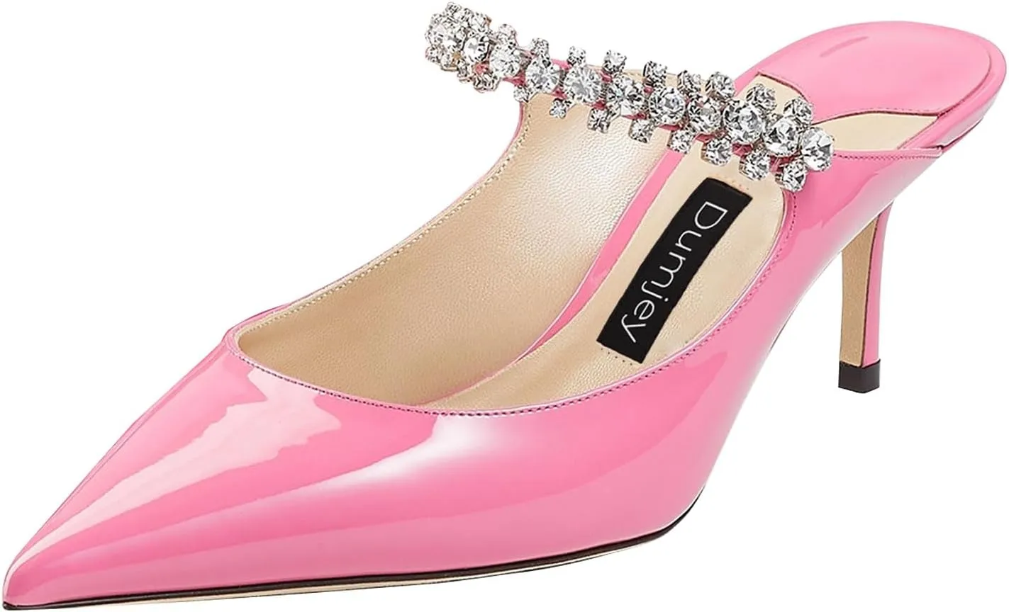 Women Heel Mules Pointy Toe Stiletto Mid Heels Crystals Pumps Slip On Bridal Rhinestones Sandals Wedding Party Dress Shoes