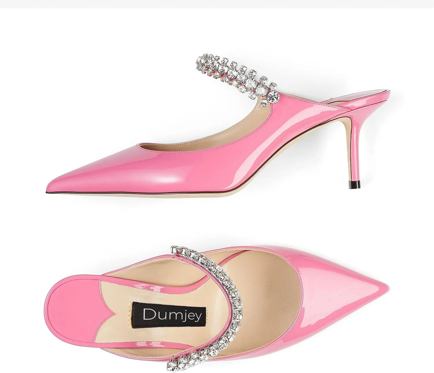 Women Heel Mules Pointy Toe Stiletto Mid Heels Crystals Pumps Slip On Bridal Rhinestones Sandals Wedding Party Dress Shoes