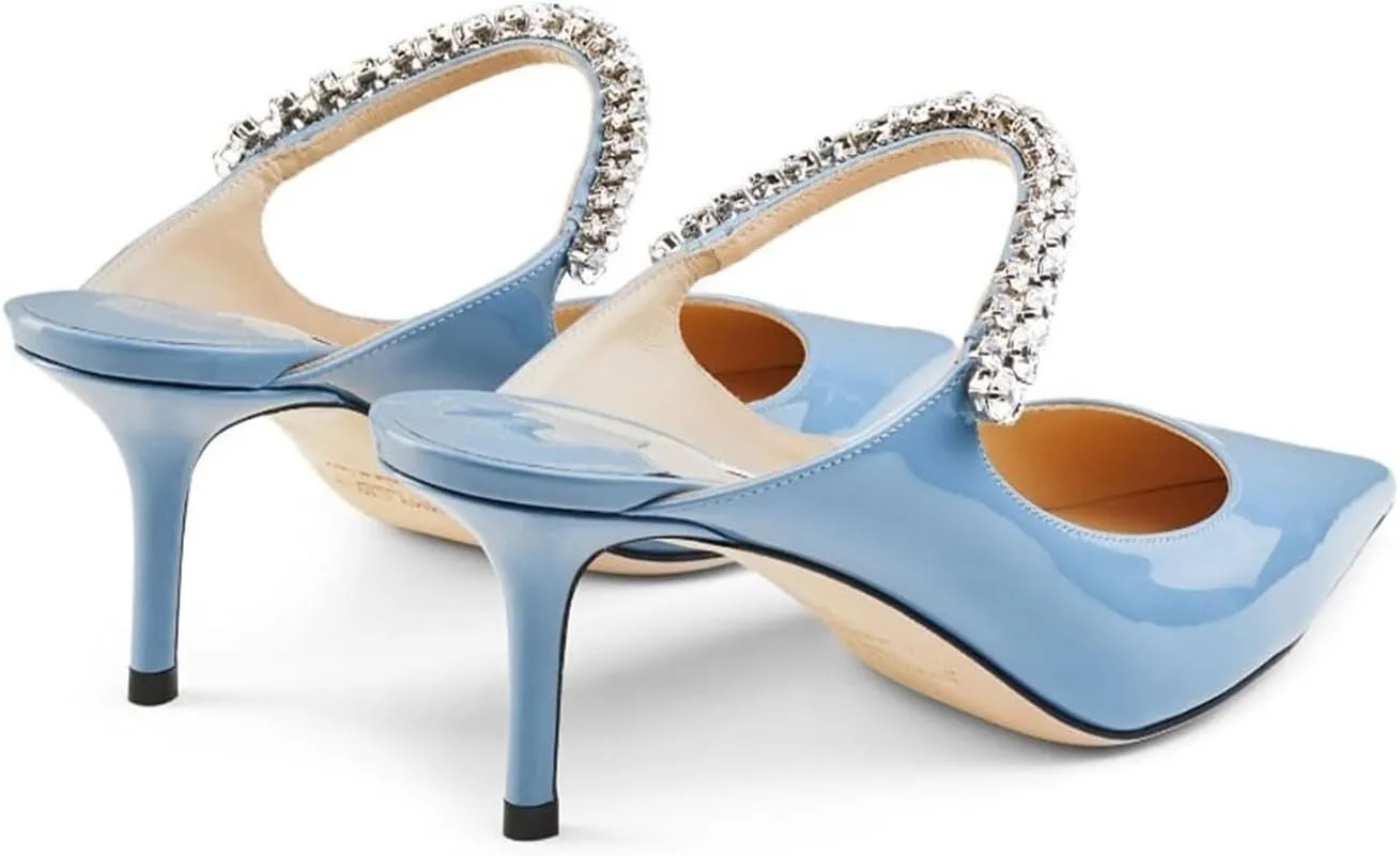 Women Heel Mules Pointy Toe Stiletto Mid Heels Crystals Pumps Slip On Bridal Rhinestones Sandals Wedding Party Dress Shoes