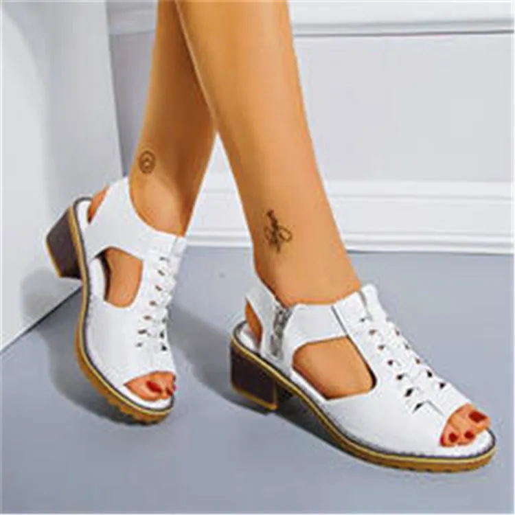 Women hollow slingback side zipper chunky heel sandals
