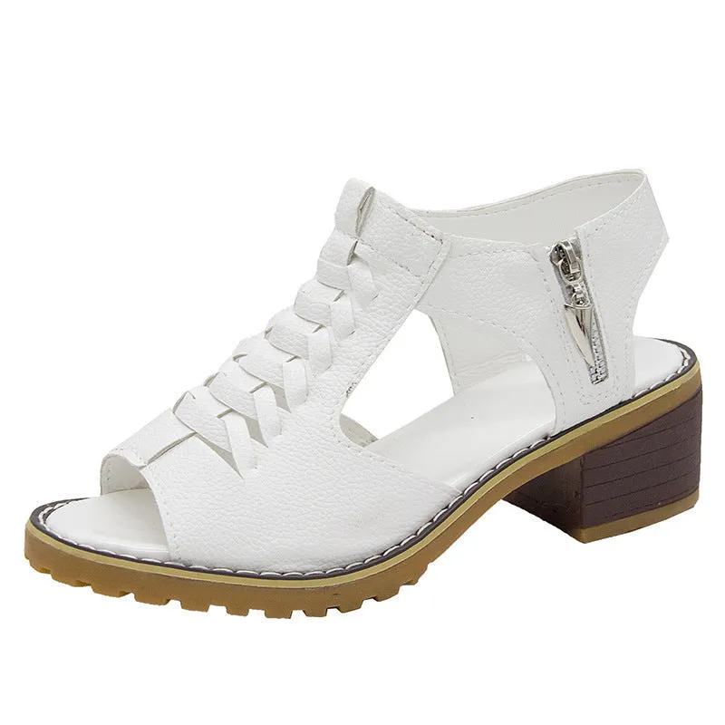 Women hollow slingback side zipper chunky heel sandals