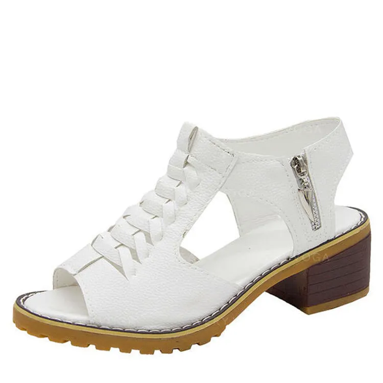 Women hollow slingback side zipper chunky heel sandals