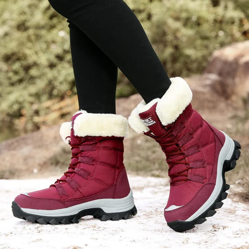 Women winter warm plush lining front lace mid calf snow boots | outdoors anti-skid hiking snow boots