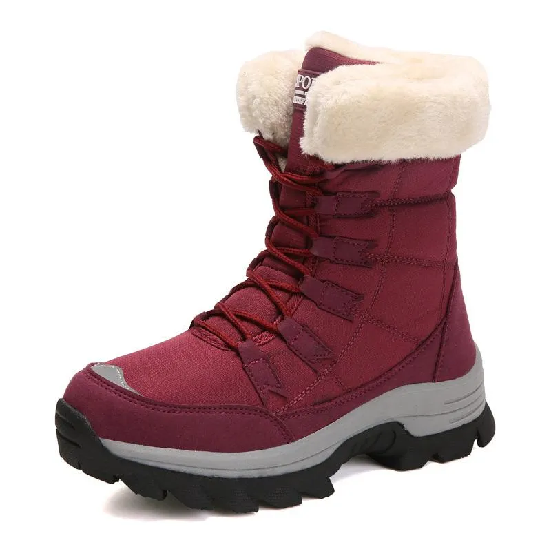 Women winter warm plush lining front lace mid calf snow boots | outdoors anti-skid hiking snow boots