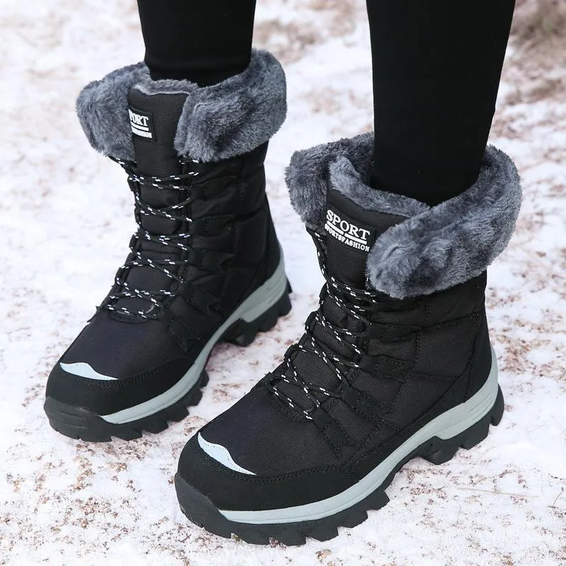 Women winter warm plush lining front lace mid calf snow boots | outdoors anti-skid hiking snow boots