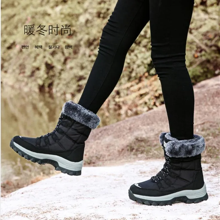 Women winter warm plush lining front lace mid calf snow boots | outdoors anti-skid hiking snow boots