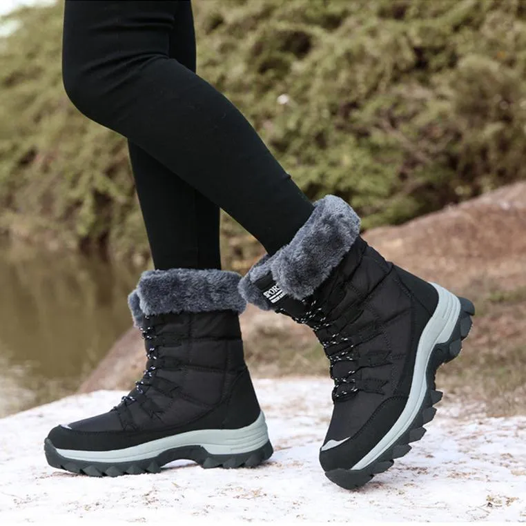 Women winter warm plush lining front lace mid calf snow boots | outdoors anti-skid hiking snow boots
