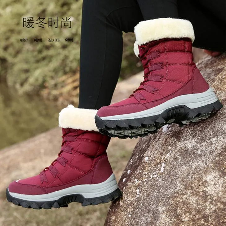 Women winter warm plush lining front lace mid calf snow boots | outdoors anti-skid hiking snow boots