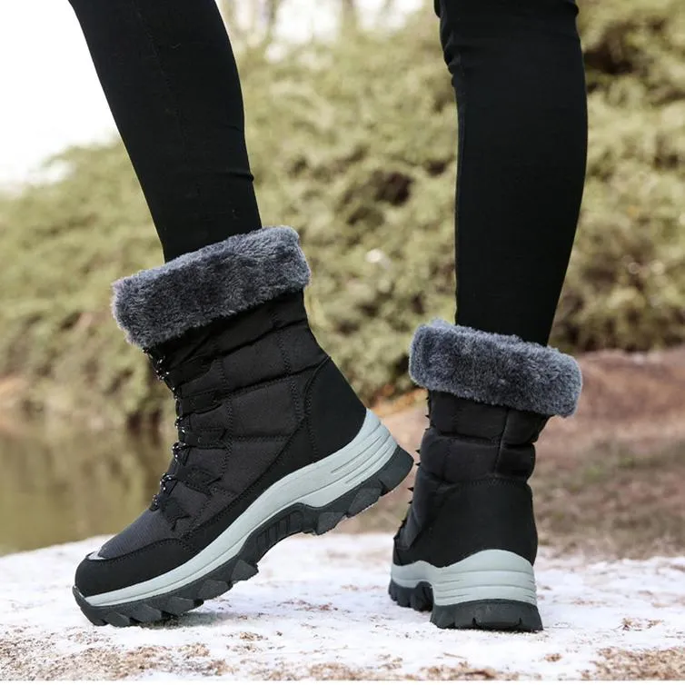 Women winter warm plush lining front lace mid calf snow boots | outdoors anti-skid hiking snow boots