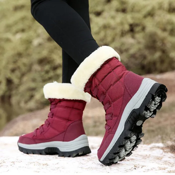 Women winter warm plush lining front lace mid calf snow boots | outdoors anti-skid hiking snow boots