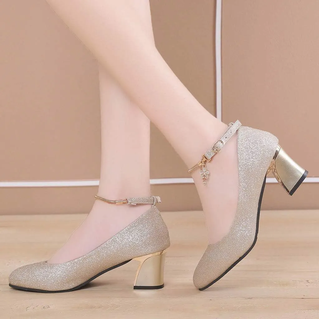 Women's Ankle Strap Pumps Closed Toe Block High Heel Round Toe Mary Jane Wedding Party Prom Shoes 2025 Trendy
