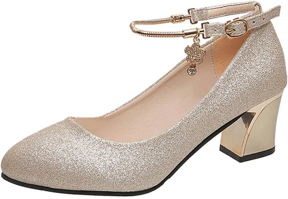 Women's Ankle Strap Pumps Closed Toe Block High Heel Round Toe Mary Jane Wedding Party Prom Shoes 2025 Trendy