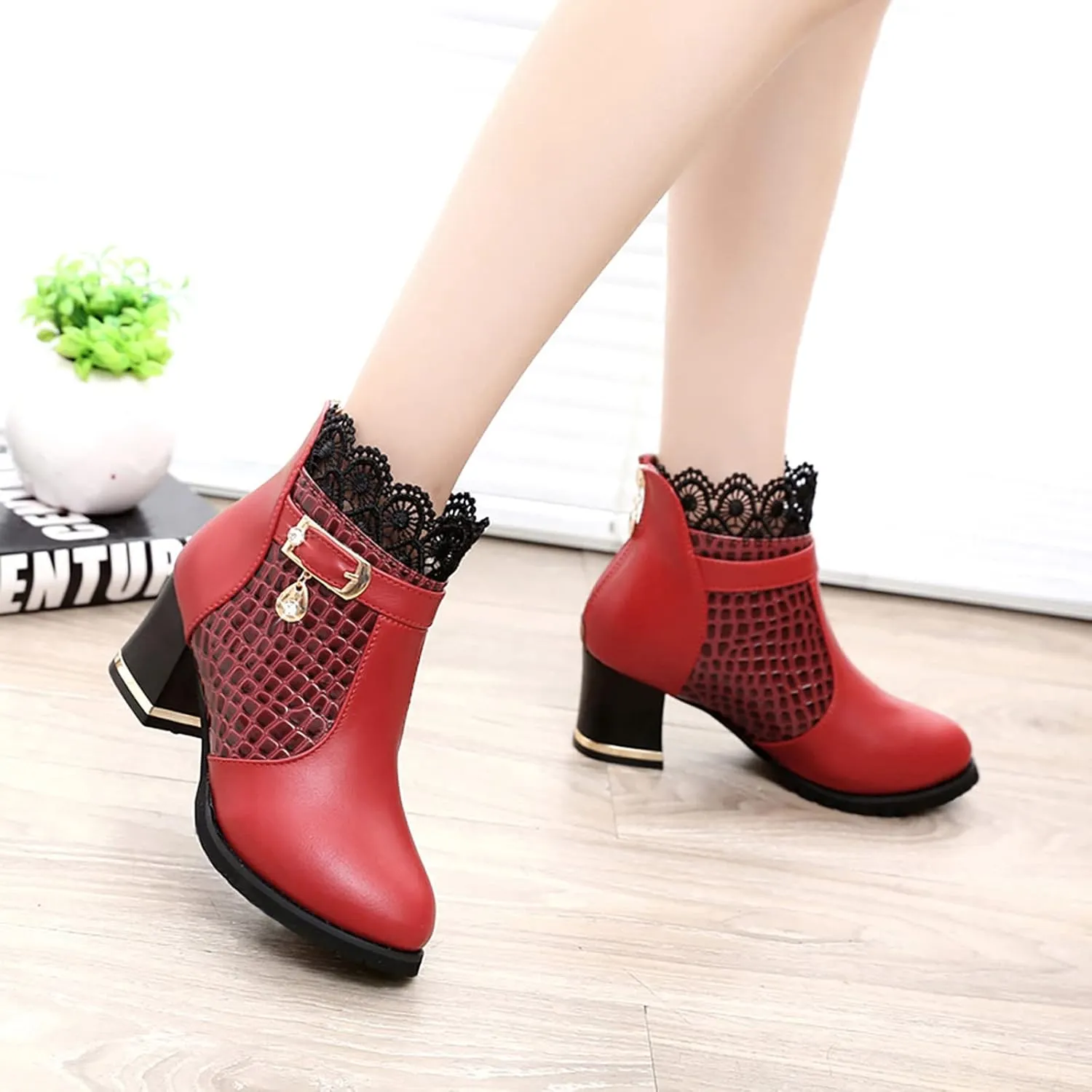 Womens Boots Fashion Buckle PU Leather Elegant Lace Boots for Women Round Toe Side Zipper Durable Sole Boots