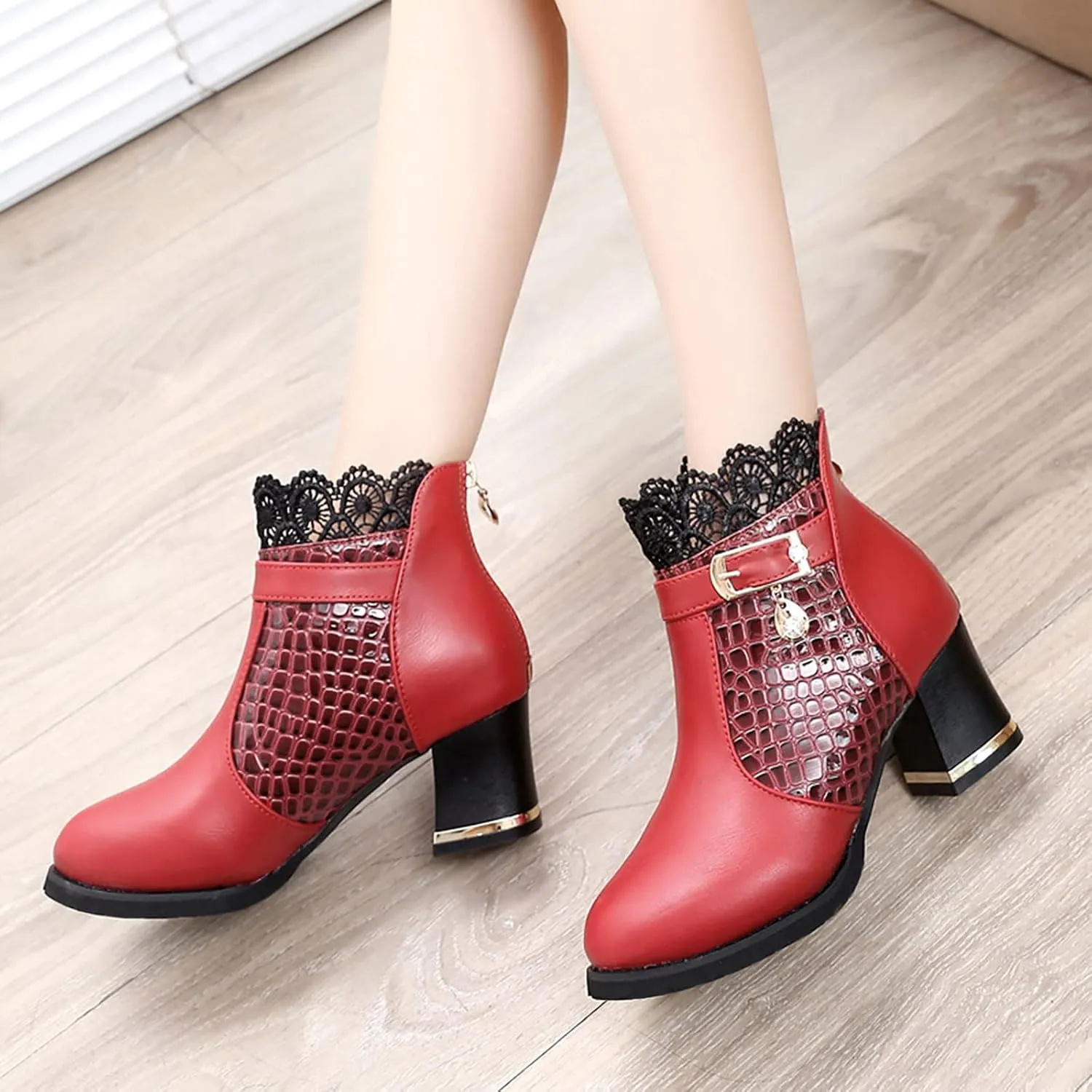 Womens Boots Fashion Buckle PU Leather Elegant Lace Boots for Women Round Toe Side Zipper Durable Sole Boots