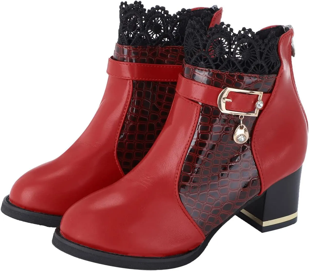 Womens Boots Fashion Buckle PU Leather Elegant Lace Boots for Women Round Toe Side Zipper Durable Sole Boots