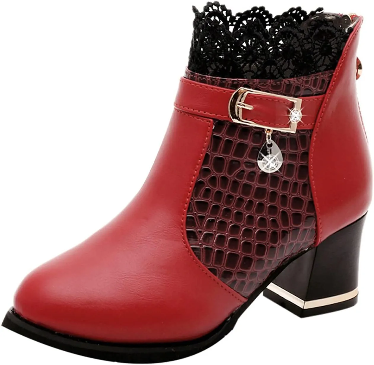 Womens Boots Fashion Buckle PU Leather Elegant Lace Boots for Women Round Toe Side Zipper Durable Sole Boots