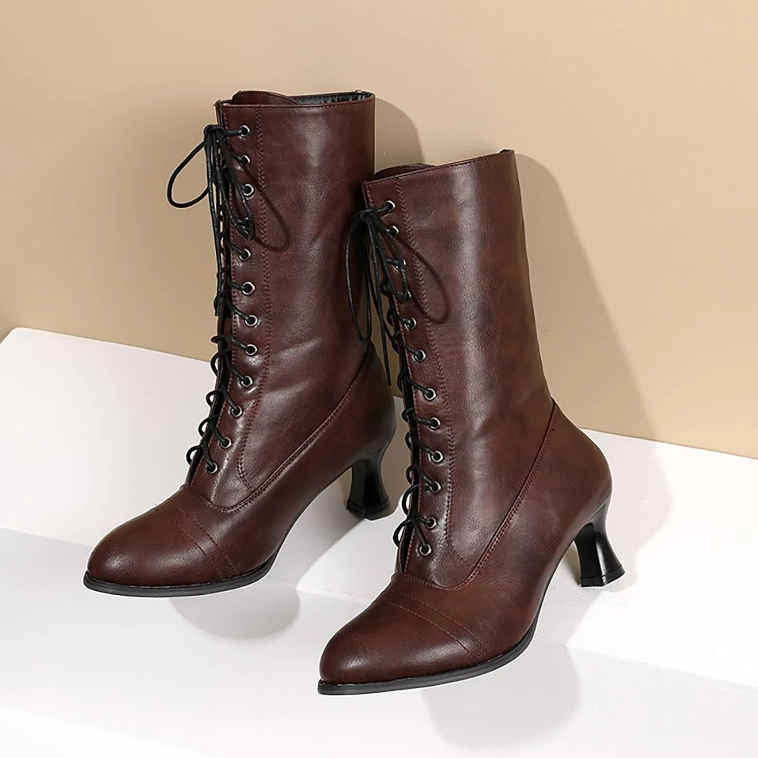Womens Boots Retro Solid Color Lace Up Short Heel Winter Boots for Women Warm Durable PU Leather Mid-Calf Boots
