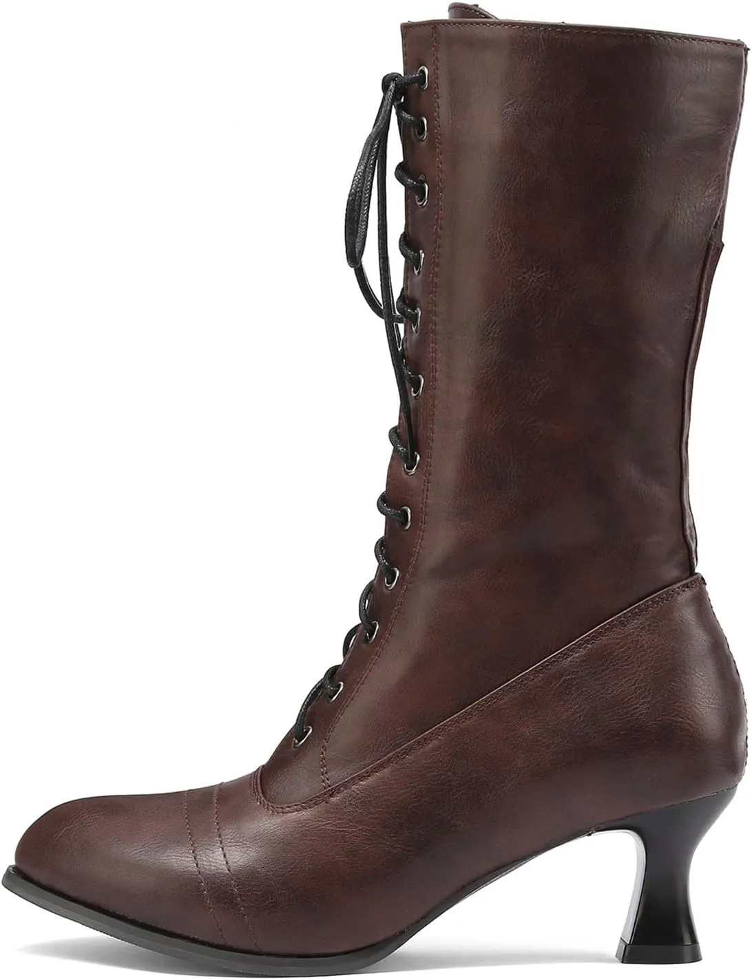 Womens Boots Retro Solid Color Lace Up Short Heel Winter Boots for Women Warm Durable PU Leather Mid-Calf Boots