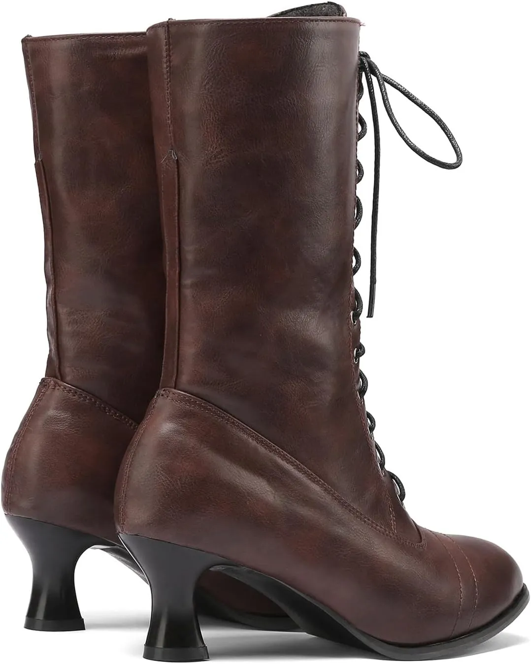 Womens Boots Retro Solid Color Lace Up Short Heel Winter Boots for Women Warm Durable PU Leather Mid-Calf Boots