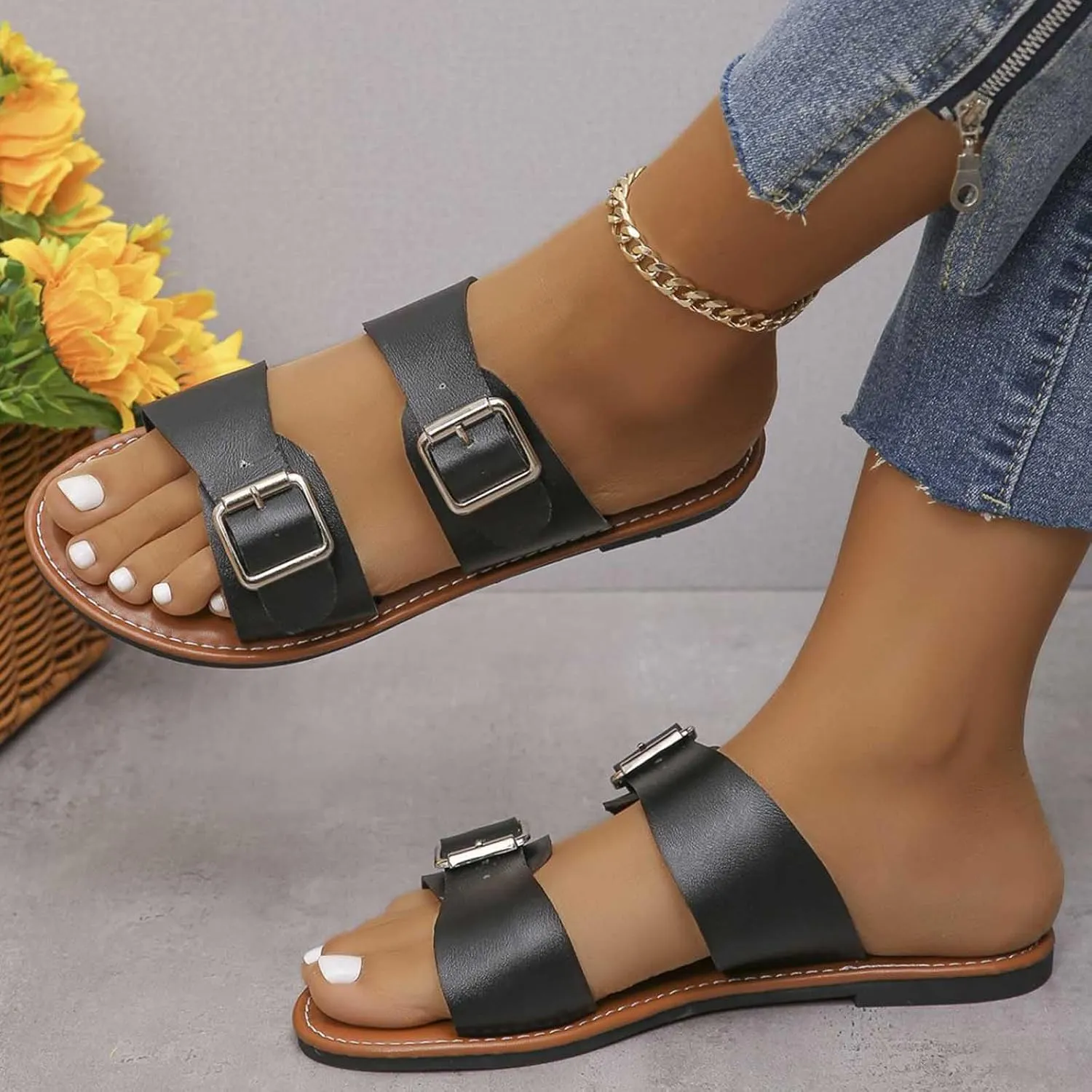 Women's Classic Sandals Casual Double Strap Buckle Sandal Fashion Dressy Flat Shoes Summer Beach Trendy Shoe