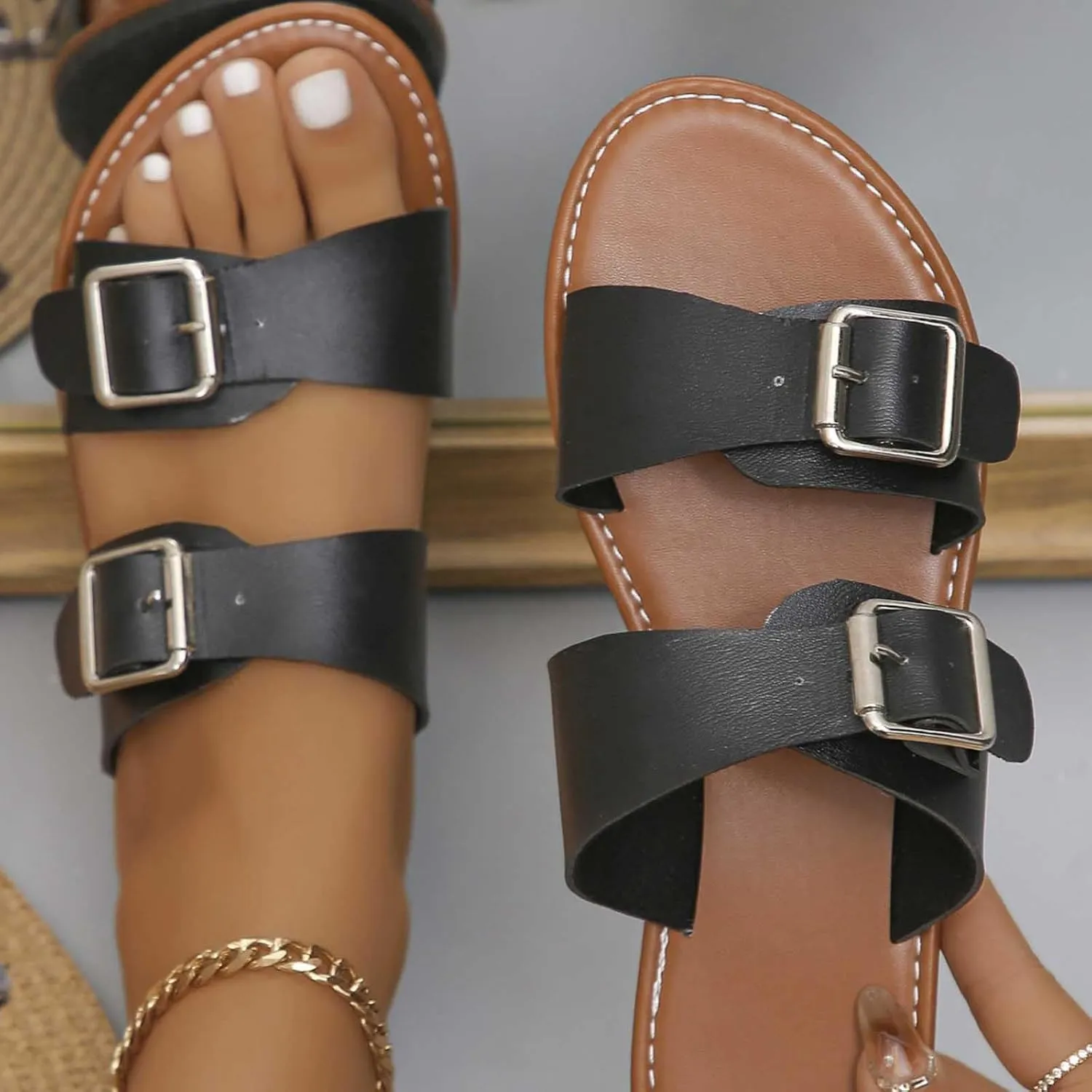 Women's Classic Sandals Casual Double Strap Buckle Sandal Fashion Dressy Flat Shoes Summer Beach Trendy Shoe