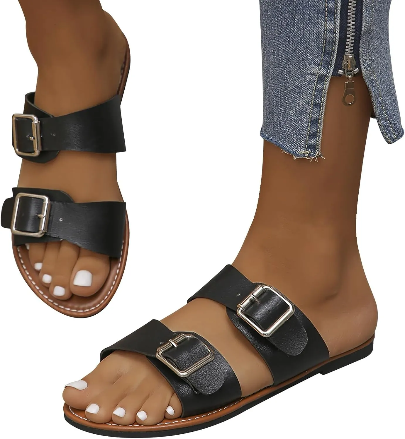 Women's Classic Sandals Casual Double Strap Buckle Sandal Fashion Dressy Flat Shoes Summer Beach Trendy Shoe
