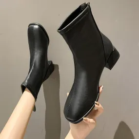 Women's elegant square toe block heel ankle booties with back zipper