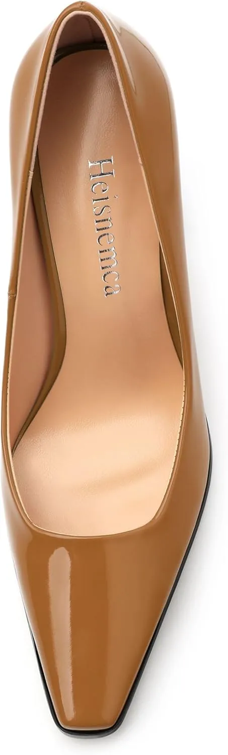 Womens High Heels,Patent Closed Square Toe Slip on Chunky Block Pumps,Elegant Heels,Daily Wedding Party Dress Shoes 3.5IN