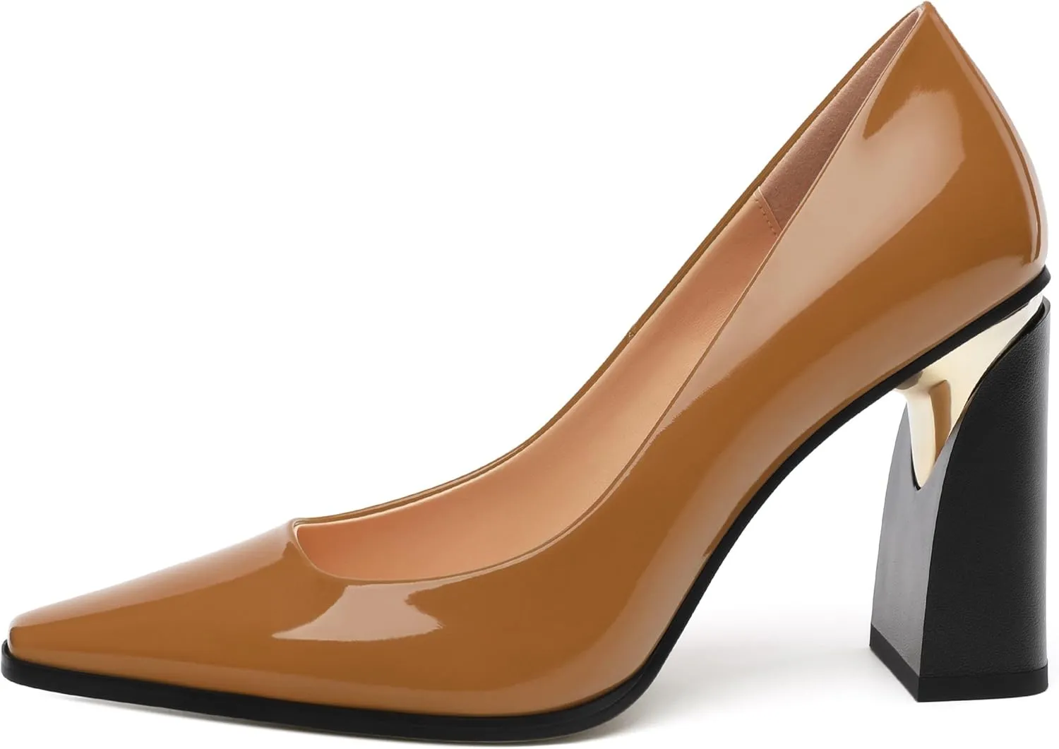 Womens High Heels,Patent Closed Square Toe Slip on Chunky Block Pumps,Elegant Heels,Daily Wedding Party Dress Shoes 3.5IN