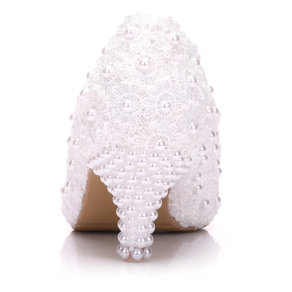 Women's kitten heel lace imitation pearl wedding pumps